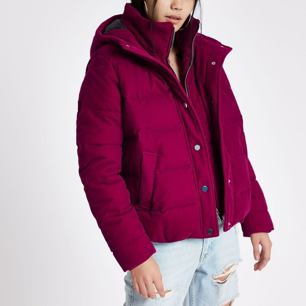 NWT River Island Velvet Hooded Padded Puffer Coat Pink Women's Size 8 H11583 - Picture 10 of 12